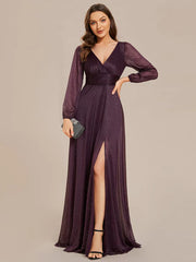 Aimishang Women's Sexy V-Neck Shiny Evening Dresses with Long Sleeve