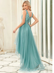 Aimishang Elegant High-Low Deep V Neck Tulle Evening Dresses with Sequins