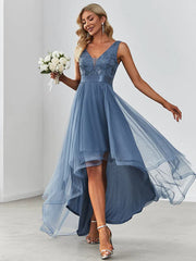 Aimishang Elegant High-Low Deep V Neck Tulle Evening Dresses with Sequins