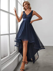 Aimishang Elegant High-Low Deep V Neck Tulle Evening Dresses with Sequins