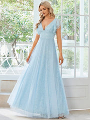 Aimishang Double V Neck Maxi Lace Evening Dresses with Ruffle Sleeves