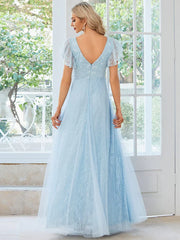 Aimishang Double V Neck Maxi Lace Evening Dresses with Ruffle Sleeves