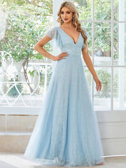 Aimishang Double V Neck Maxi Lace Evening Dresses with Ruffle Sleeves