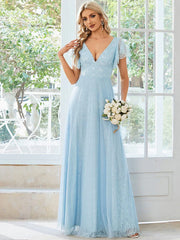 Aimishang Double V Neck Maxi Lace Evening Dresses with Ruffle Sleeves