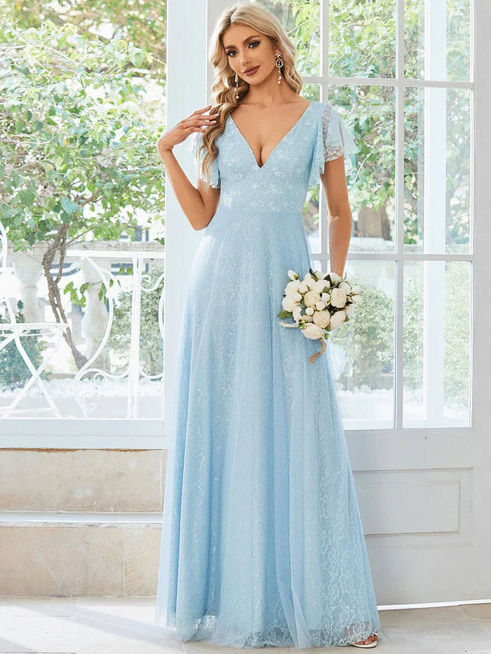 Aimishang Double V Neck Maxi Lace Evening Dresses with Ruffle Sleeves