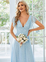 Aimishang Double V Neck Maxi Lace Evening Dresses with Ruffle Sleeves