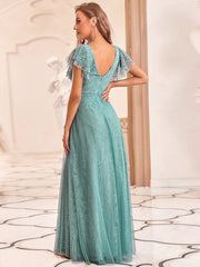 Aimishang Double V Neck Maxi Lace Evening Dresses with Ruffle Sleeves