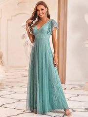 Aimishang Double V Neck Maxi Lace Evening Dresses with Ruffle Sleeves