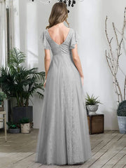 Aimishang Double V Neck Maxi Lace Evening Dresses with Ruffle Sleeves
