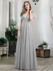 Aimishang Double V Neck Maxi Lace Evening Dresses with Ruffle Sleeves