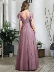 Aimishang Double V Neck Maxi Lace Evening Dresses with Ruffle Sleeves