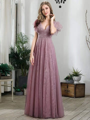 Aimishang Double V Neck Maxi Lace Evening Dresses with Ruffle Sleeves
