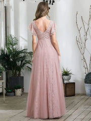 Aimishang Double V Neck Maxi Lace Evening Dresses with Ruffle Sleeves