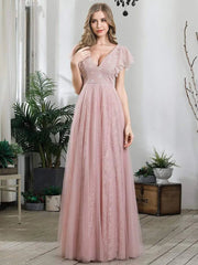 Aimishang Double V Neck Maxi Lace Evening Dresses with Ruffle Sleeves