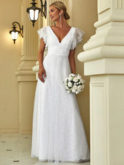 Aimishang Double V Neck Maxi Lace Evening Dresses with Ruffle Sleeves