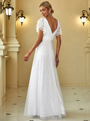 Aimishang Double V Neck Maxi Lace Evening Dresses with Ruffle Sleeves