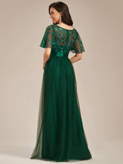 Women's A-Line Sequin Leaf Maxi Prom Dress with Sleeves