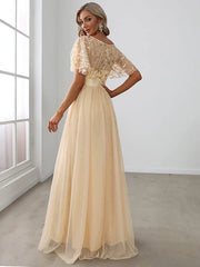 Women's A-Line Sequin Leaf Maxi Prom Dress with Sleeves