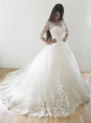 Ball Gown 3/4 Sleeves Lace Appliques Lace-up Long Wedding Dresses with Sweep Train