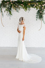 Bateau Neck Lace Cap Sleeve Sheath Satin Chiffon Dress With Cowl Back