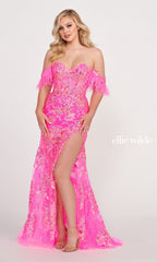 Feather-Trim Off-Shoulder Long Sequin Prom Dress