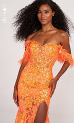 Feather-Trim Off-Shoulder Long Sequin Prom Dress