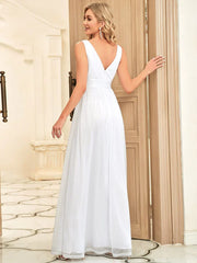 Aimishang Double V Neck Floor Length Sparkly Evening Dresses for Party