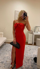 Red Strapless Bow-knot Slit Prom Dresses SH1124