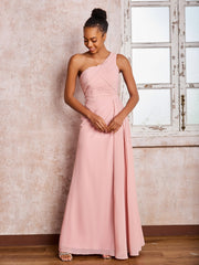 Backless One-Shoulder Pleated Chiffon Dresses with Slit Dusty Rose