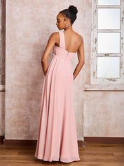 Backless One-Shoulder Pleated Chiffon Dresses with Slit Dusty Rose