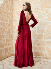 Long Sleeves Plunging V-Neck Velvet Dress With Slit Burgundy
