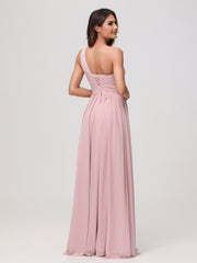 One Shoulder Sleeveless Ruched Chiffon A-line Dress Dusty Rose