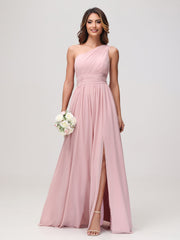 One Shoulder Sleeveless Ruched Chiffon A-line Dress Dusty Rose