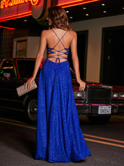 High Slit Lace Up Back Beaded Gown Royal Blue