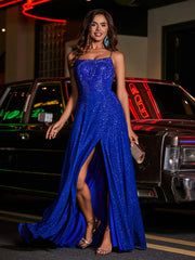 High Slit Lace Up Back Beaded Gown Royal Blue