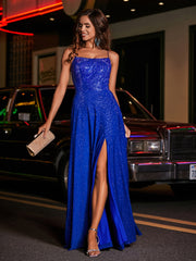 High Slit Lace Up Back Beaded Gown Royal Blue