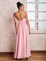 Plunging V-neck Criss-Cross Straps Ruched Chiffon Dresses with Slit Dusty Rose