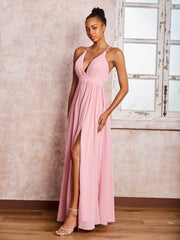 Plunging V-neck Criss-Cross Straps Ruched Chiffon Dresses with Slit Dusty Rose