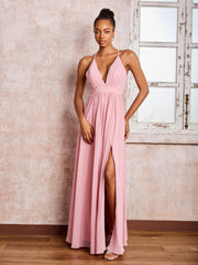Plunging V-neck Criss-Cross Straps Ruched Chiffon Dresses with Slit Dusty Rose