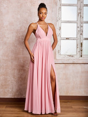 Plunging V-neck Criss-Cross Straps Ruched Chiffon Dresses with Slit Dusty Rose