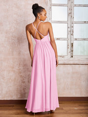 Plunging V-neck Criss-Cross Straps Ruched Chiffon Dresses with Slit Candy Pink