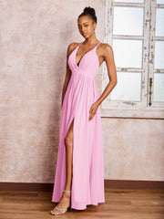 Plunging V-neck Criss-Cross Straps Ruched Chiffon Dresses with Slit Candy Pink