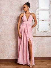 Plunging V-neck Criss-Cross Straps Ruched Chiffon Dresses with Slit Dusty Rose