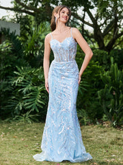 Sweetheart Sheer Top Sleeveless Sequin Applique Mermaid Long Gown Sky Blue