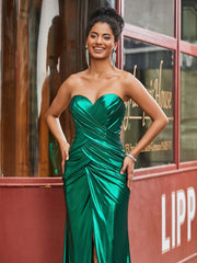 Pleated Sheath/Column Floor-length Prom Dress with Slit Dark Green