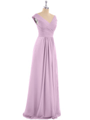 V Neck Chiffon Gown with Cap Sleeves Wisteria