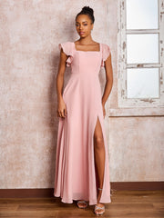 Flutter Sleeves Square Neck Backless Chiffon Dresses with Slit Dusty Rose