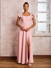 Flutter Sleeves Square Neck Backless Chiffon Dresses with Slit Dusty Rose