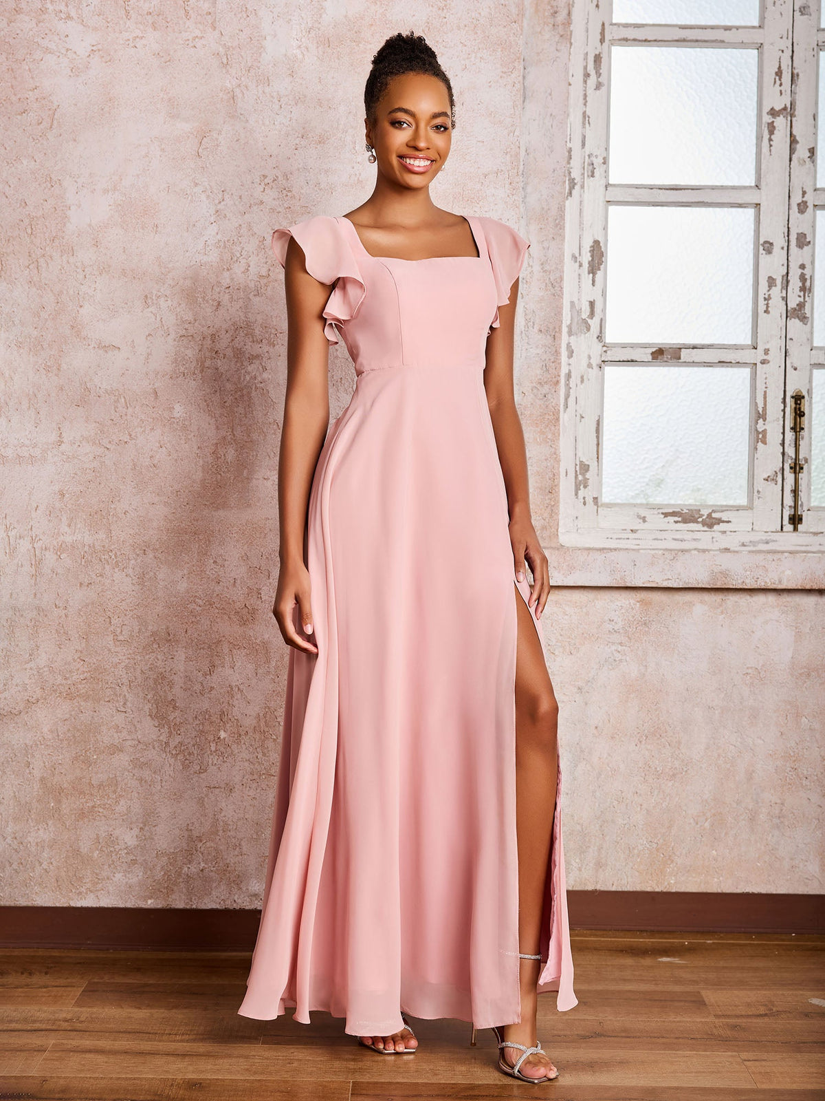 Flutter Sleeves Square Neck Backless Chiffon Dresses with Slit Dusty Rose