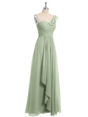One ruffle Shoulder Long Bridesmaid Dress Dusty Sage